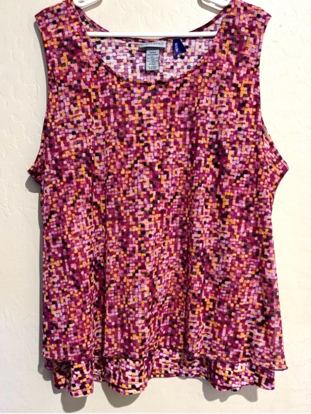 Catherines Petite Sleeveless Blouse Ruffle Hem Pink Purple Abstract Top- 2XWP